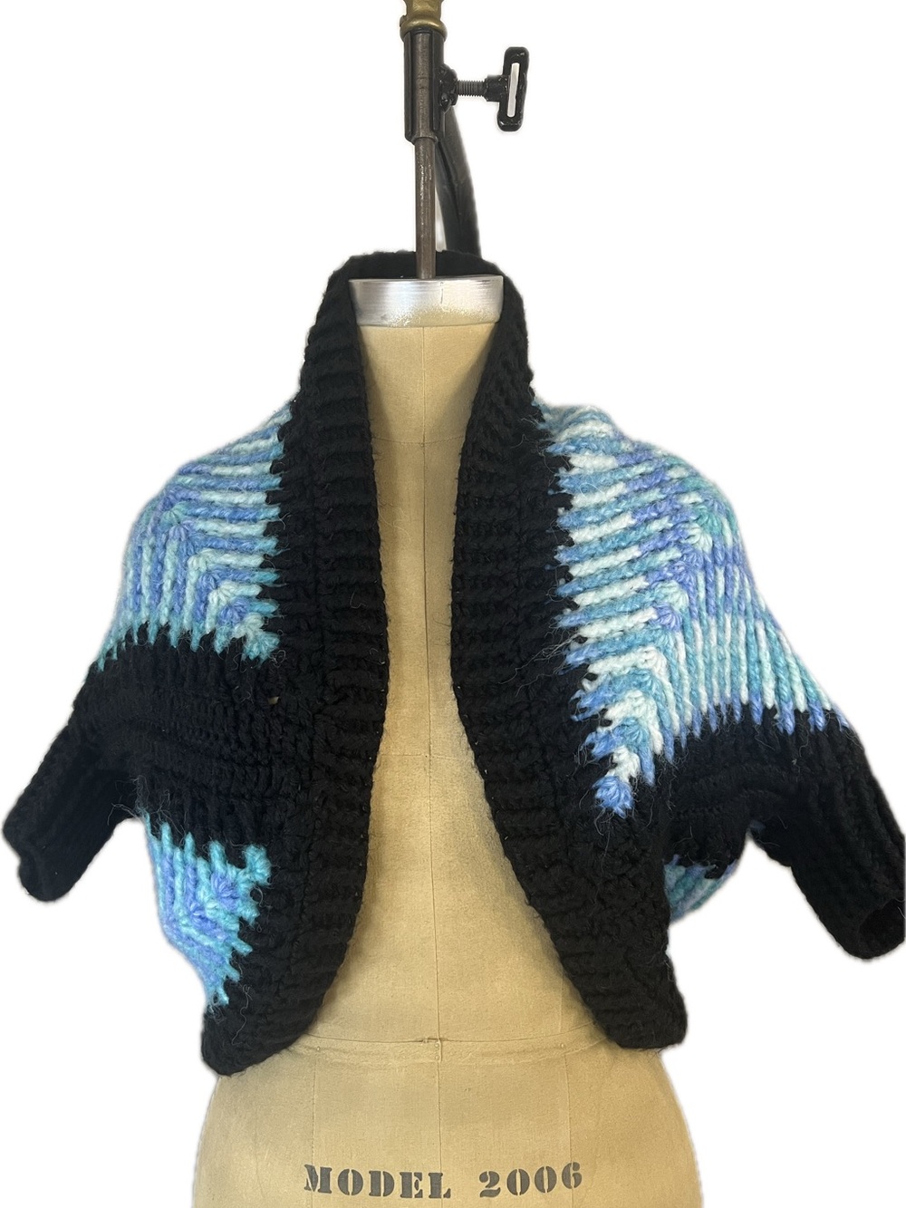 Hand knit Mohair Blend Soft Open Front Shrug w/ Blue Variegated Knit Panels